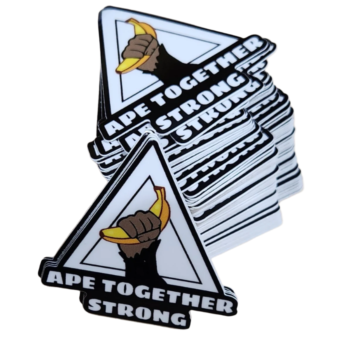 Stack of 'Ape Together Strong' cards with a design of a hand holding a banana.