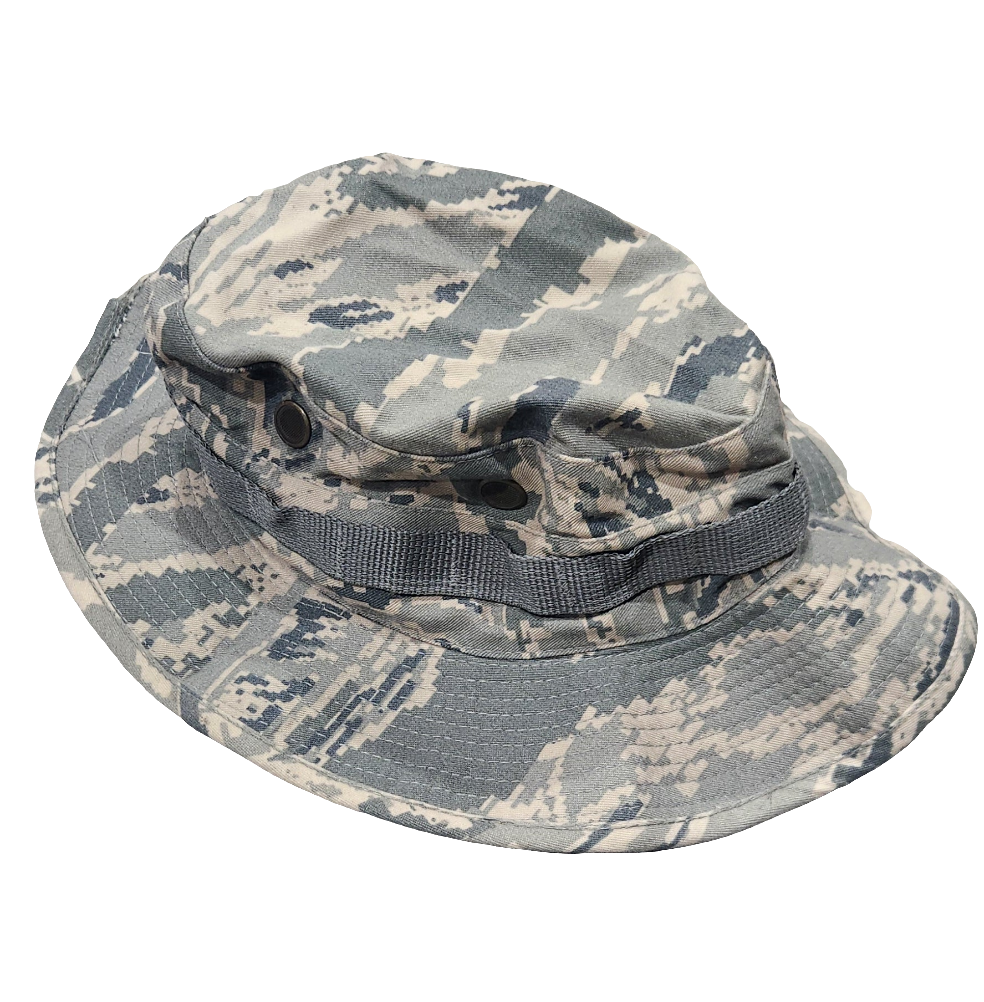 Camouflage bucket hat with a black strap on a white background
