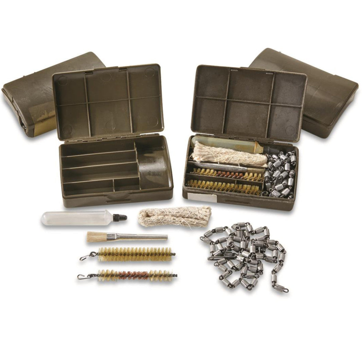 Gun cleaning kit with various tools on a white background