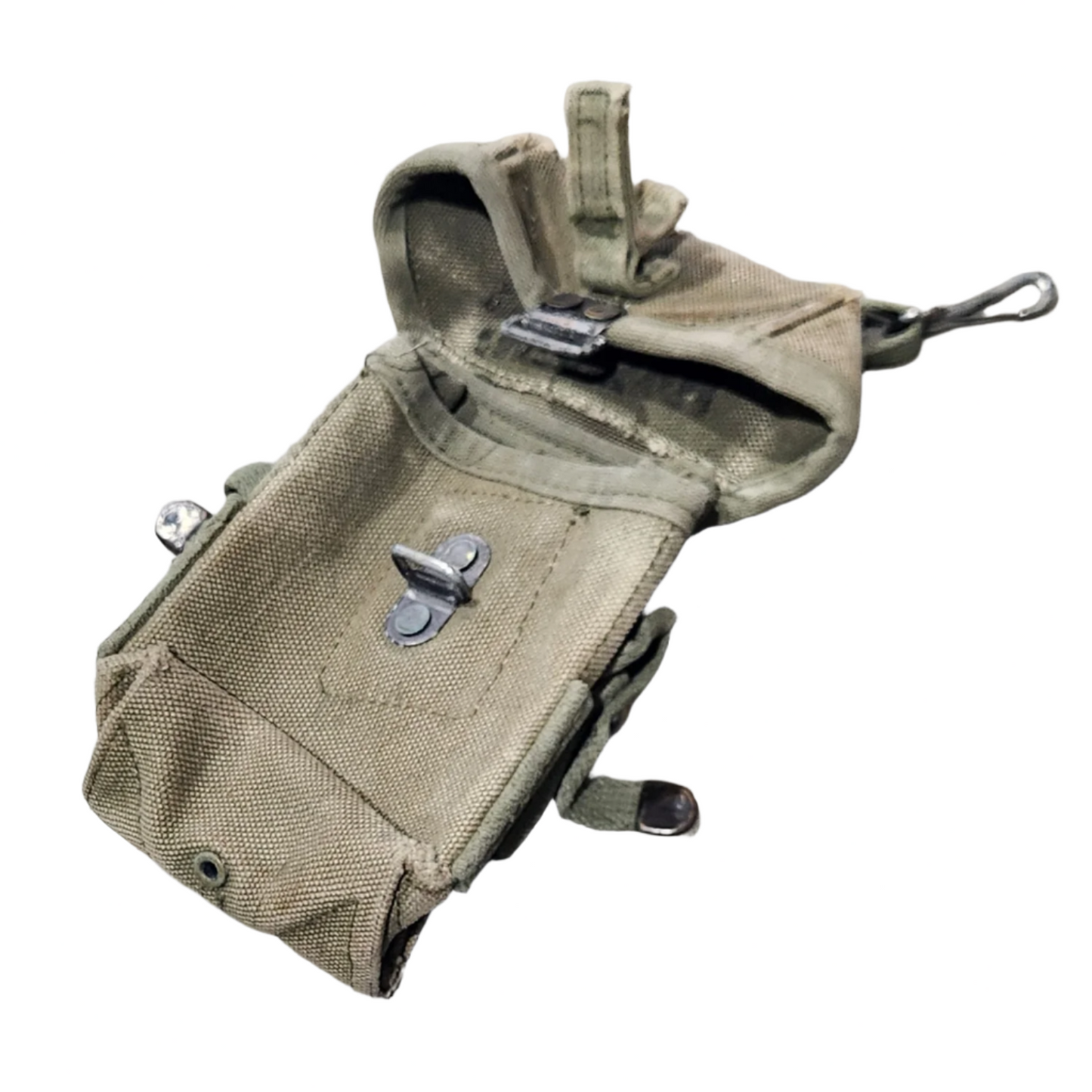 Khaki tactical pouch with multiple straps on a white background