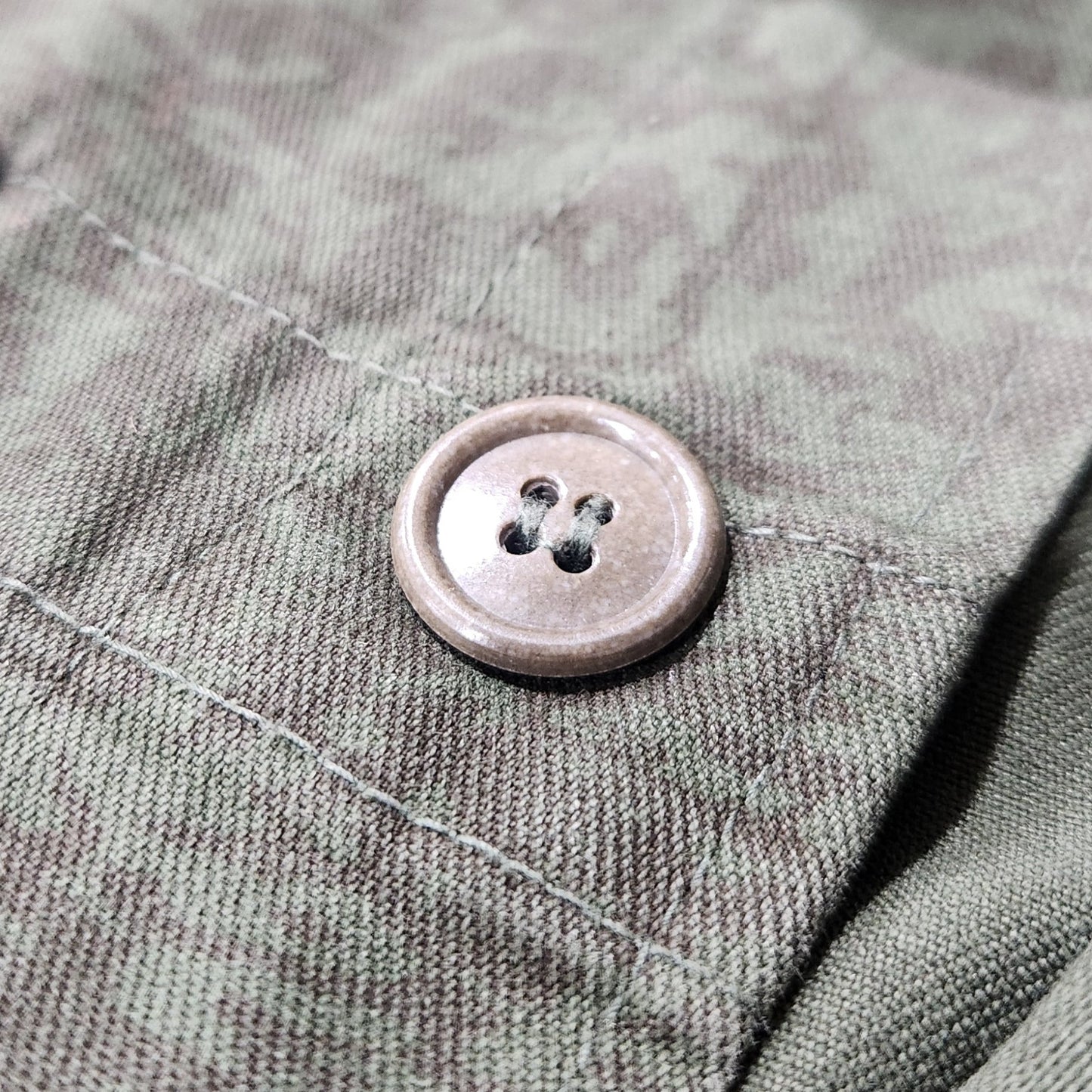 Close-up of a button on a textured fabric surface