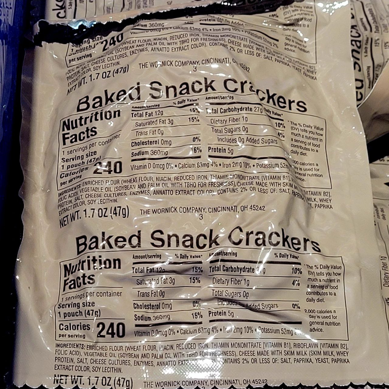 Package of baked snack crackers with nutrition facts label