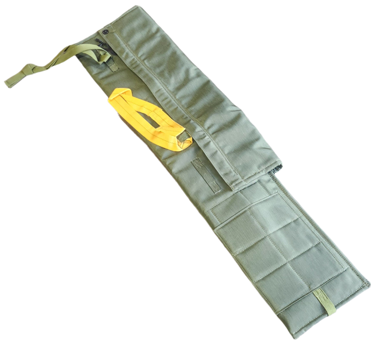 Green tool belt with a yellow buckle on a concrete floor