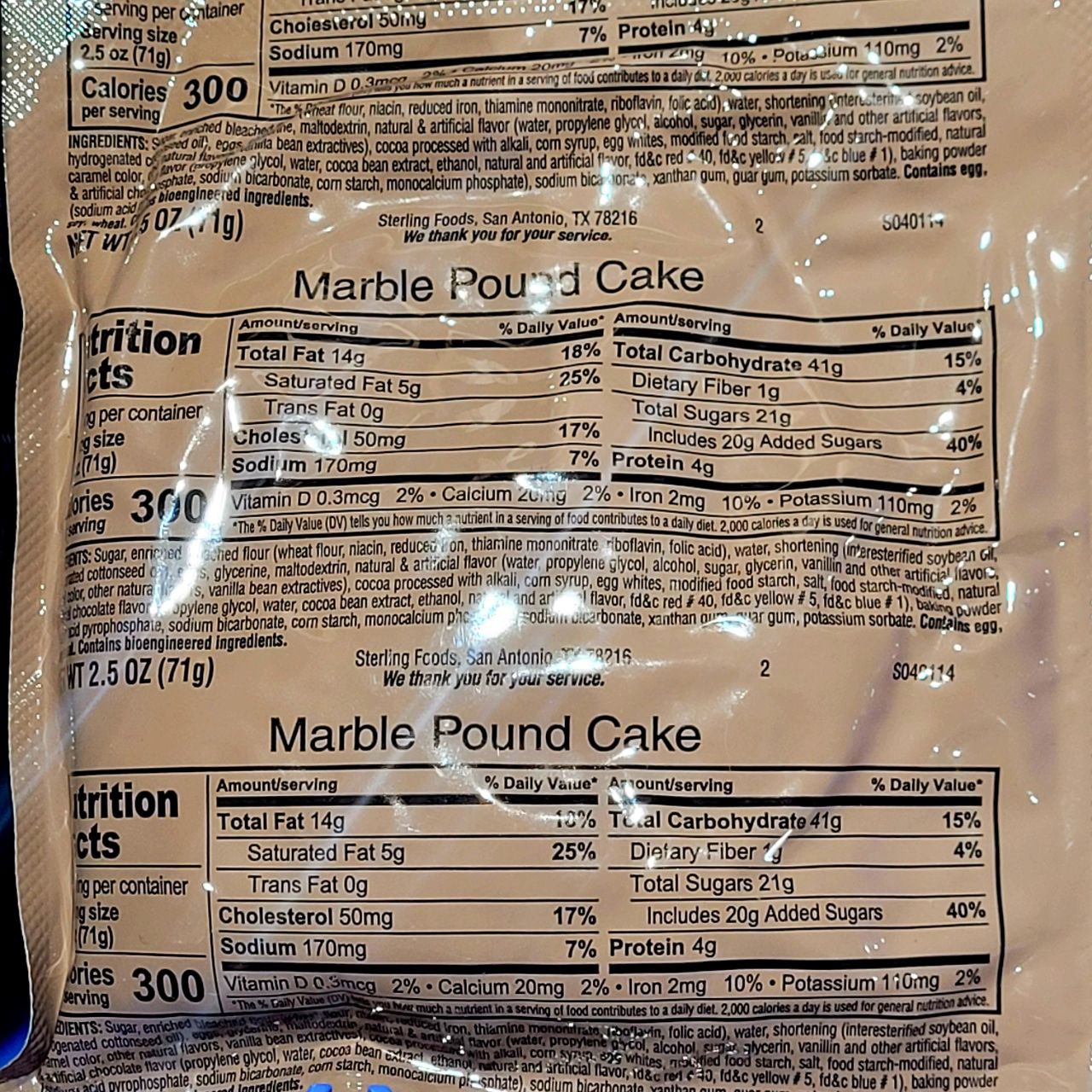 Packaged marble pound cake with nutrition label on clear packaging