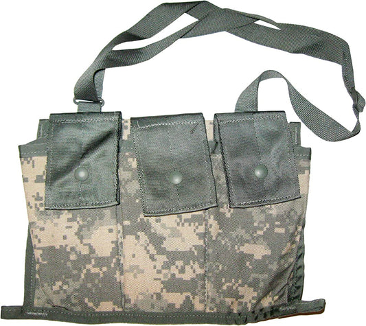 A green camouflage USGI six magazine bandolier with adjustable shoulder strap and nylon construction.