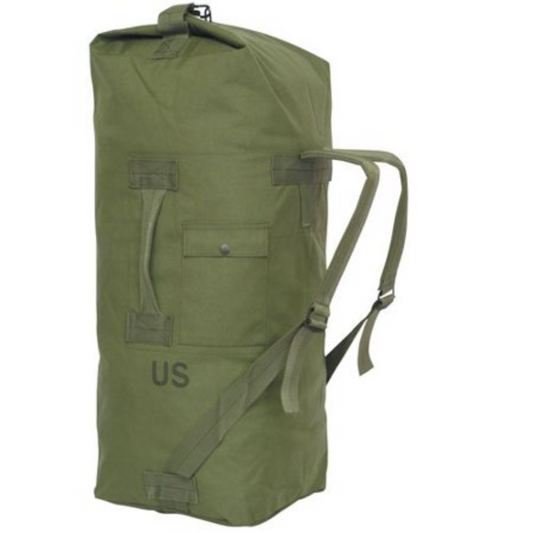 A green nylon duffel bag with a carry handle, lying flat against a white background.