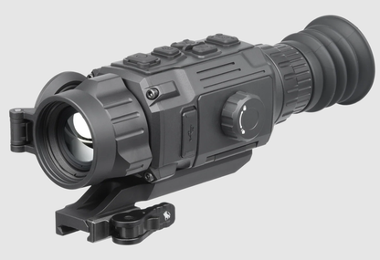 A black thermal rifle scope with a ribbed rubber eyepiece and mounting bracket, shown on a light gray background.