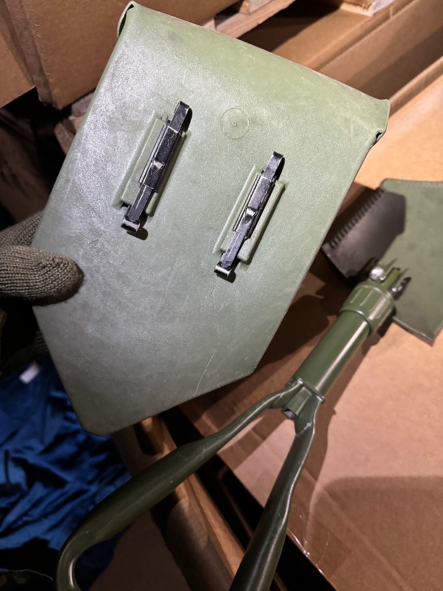 German Surplus OD Tri-Fold E-Tool Shovel w/ Covers