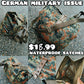 Camouflage satchel with multiple angles shown, labeled as German military issue with price.