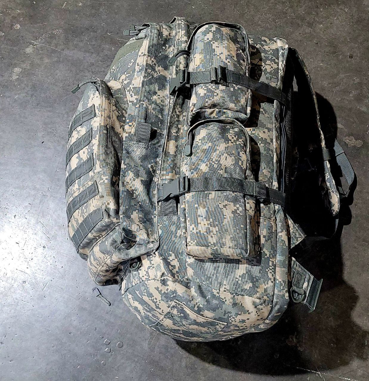 Camouflage backpack on a dark surface