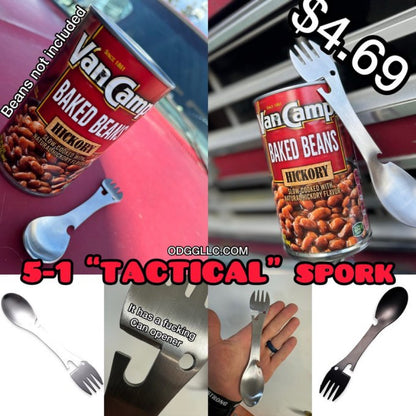 TACTICALS Spork 5-in-1 -retkeilyvälineiden monitoimityökalu - ruostumatonta terästä