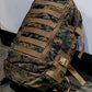 Camouflage backpack with brown straps on a white background
