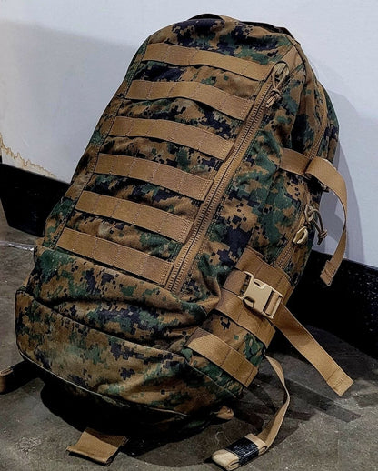 Camouflage backpack with brown straps on a white background