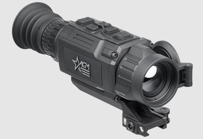A black thermal rifle scope with a mounted bracket, featuring the AGM logo on the side, shown against a light gray background.