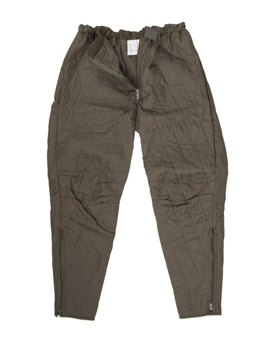 A pair of green German surplus cold weather pants with elastic hem and 2-way zipper