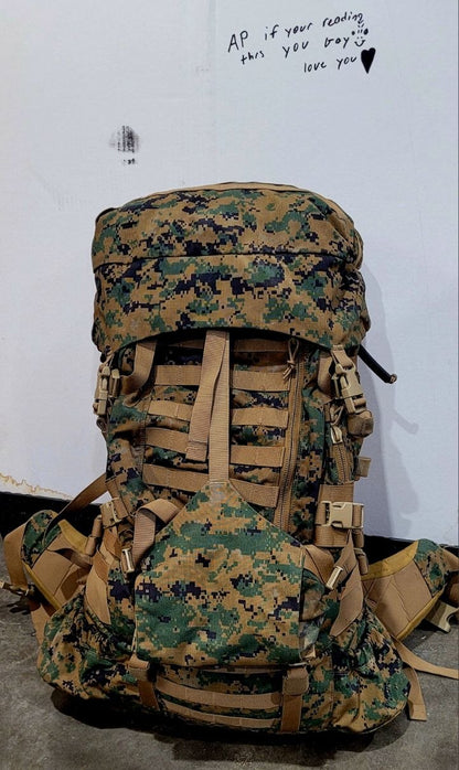 Camouflage backpack with brown straps on a white background