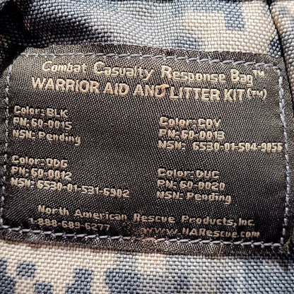Label on a tactical bag with text and product details.