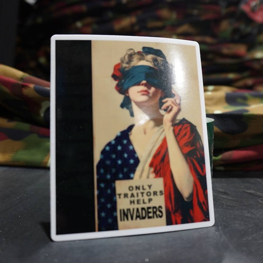 Vintage-style poster with a woman in a blindfold and American flag, placed on a textured surface.