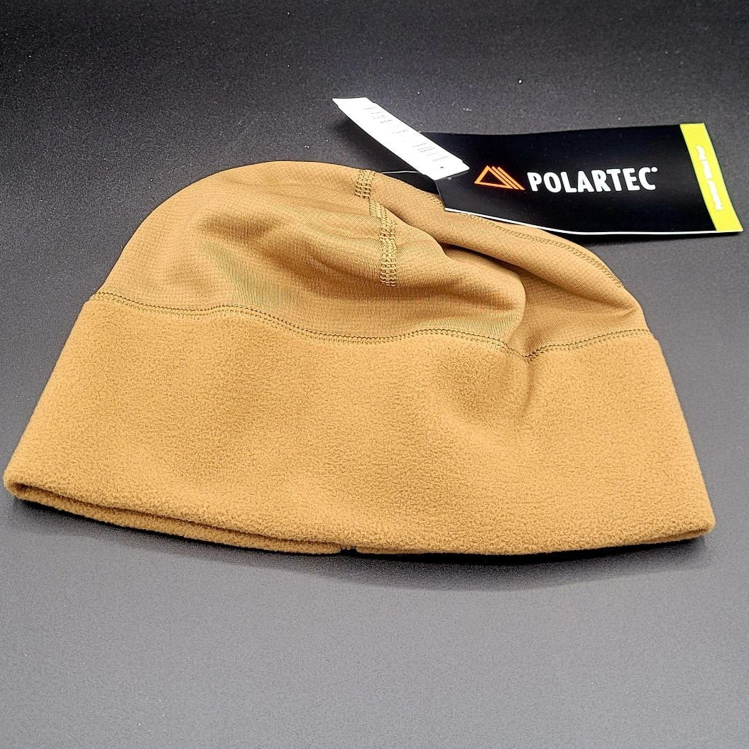 Brown fleece beanie with Polartec branding on a gray background