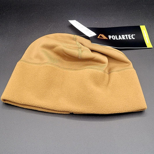 Brown fleece beanie with Polartec branding on a gray background