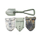 Set of military-style tools including a shovel and rakes on a concrete floor.