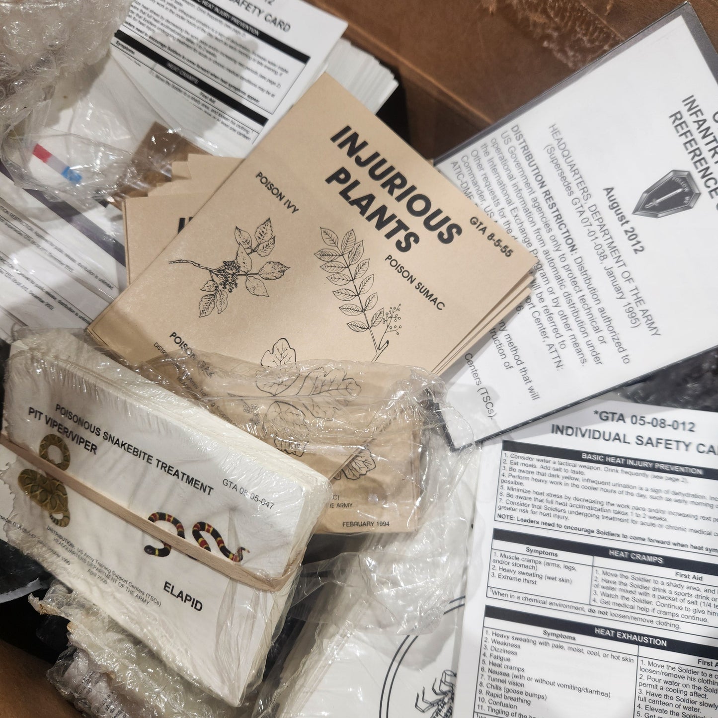 Collection of documents and materials on a wooden surface