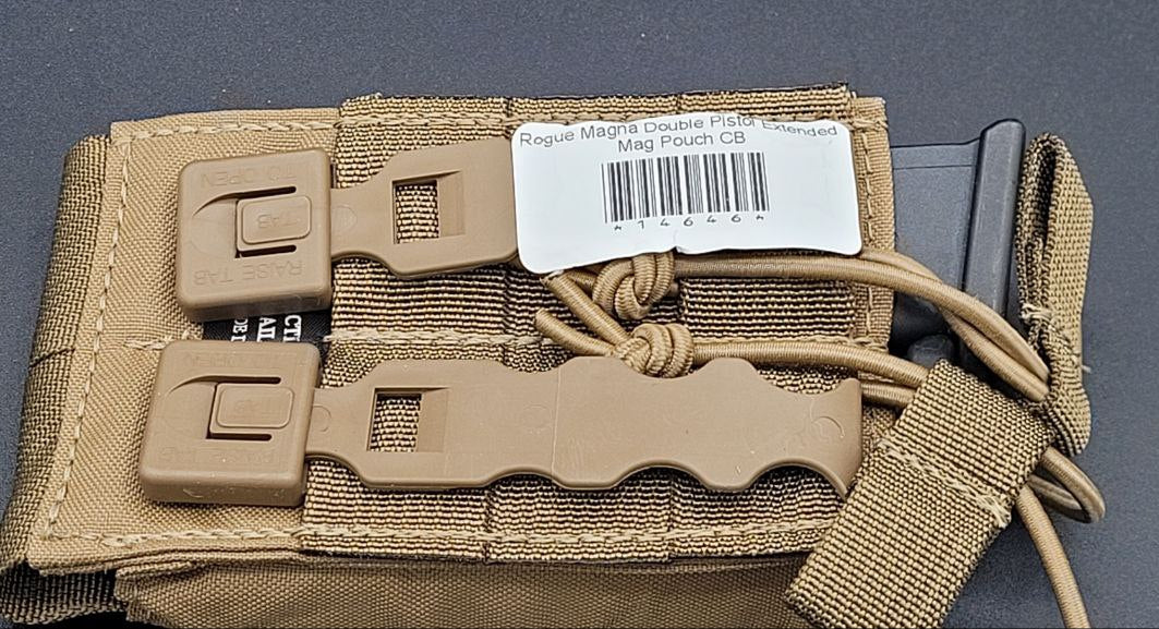 Brown tactical pouch with straps on a gray background