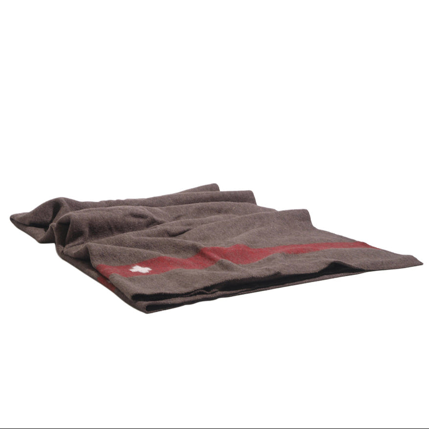Gray towel with a red stripe on a white background